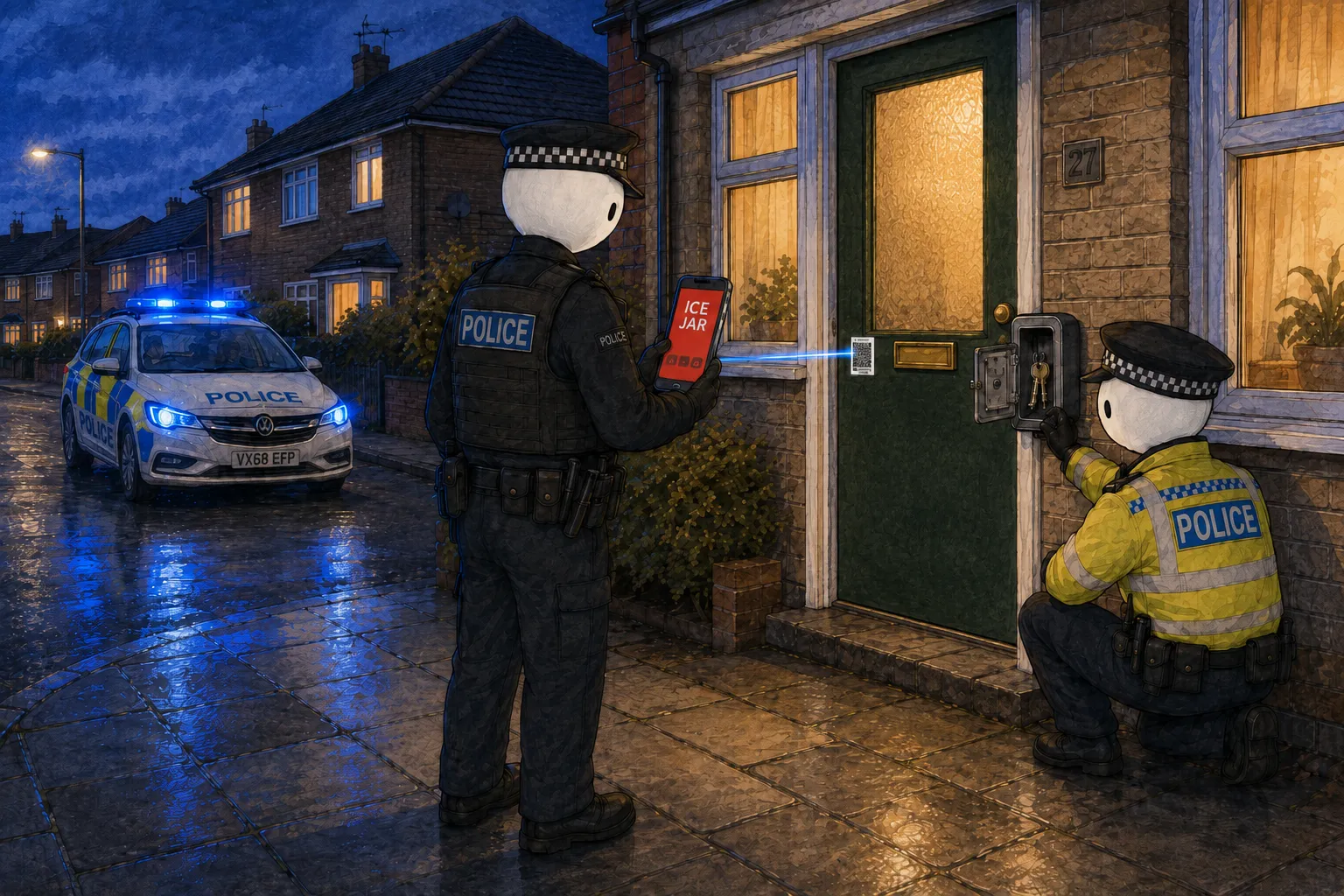 Two police officers at a front door at night, one scanning an ICE Jar QR code on the door with a phone while the other opens a wall-mounted key safe, with a patrol car waiting on the street